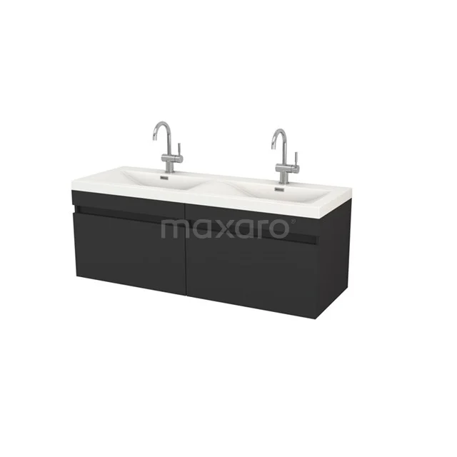 Curve Vanity units with basin | 144 cm Matte black front Mineral marble 2 Side-by-side drawers F01-144012301 Black bathroom unit with double basin, modern matte finish, including two chrome taps for a stylish look.