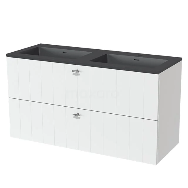 White Bathroom unit with vanity units with double basin in black, modern design, two drawers, suitable for stylish bathroom storage.