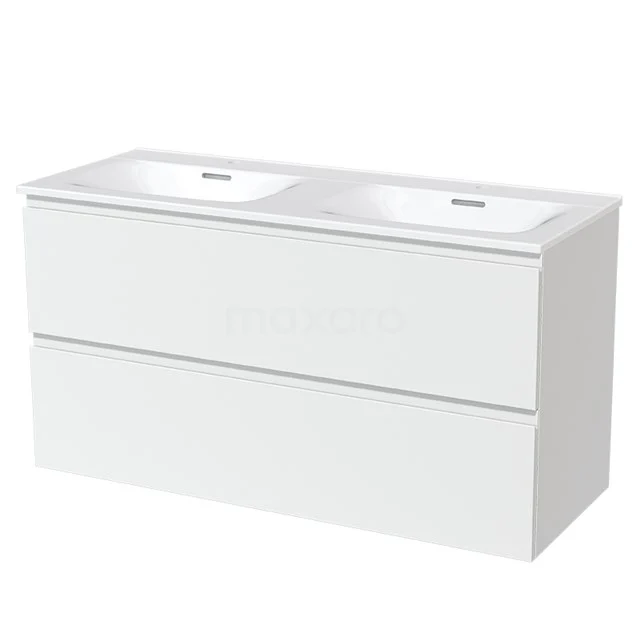 Weißes Doppel-Waschtischmöbel mit zwei Schubladen, schlankem Design und glänzender Oberfläche, ideal für moderne Bäder.