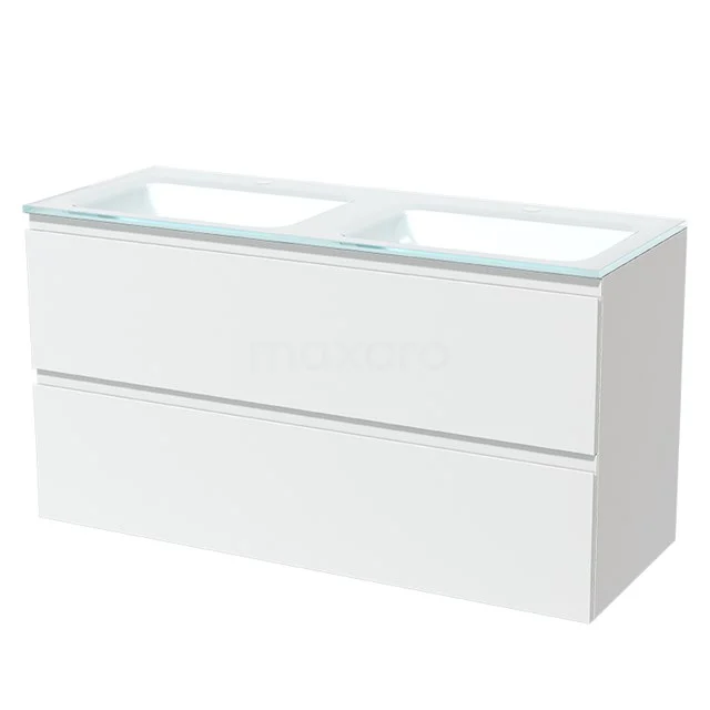 Weißes Hochglanz-Badmöbel mit doppeltem Waschbecken, minimalistisches Design und Glasplatte für einen modernen Badezimmerstil.