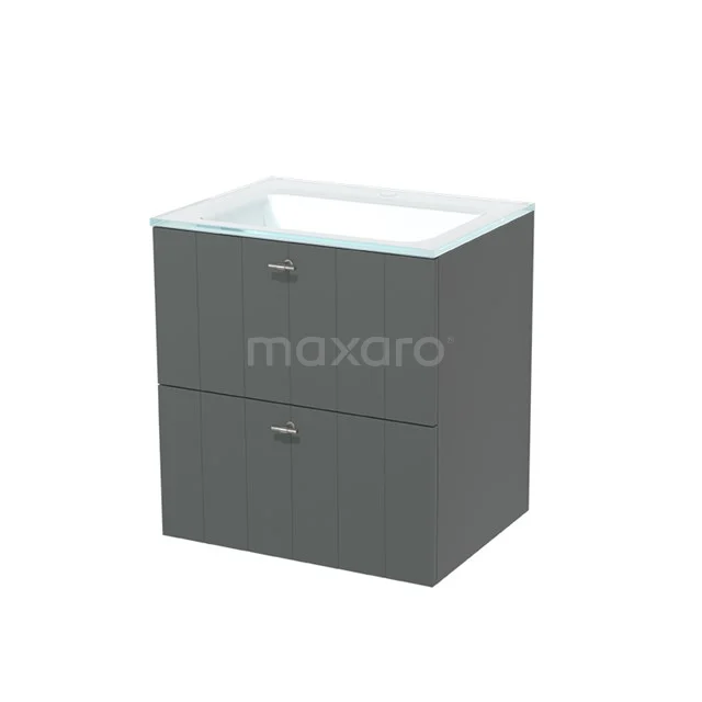 Grey bathroom cabinet with two drawers, glossy finish and integrated basin, compact design for modern bathrooms.