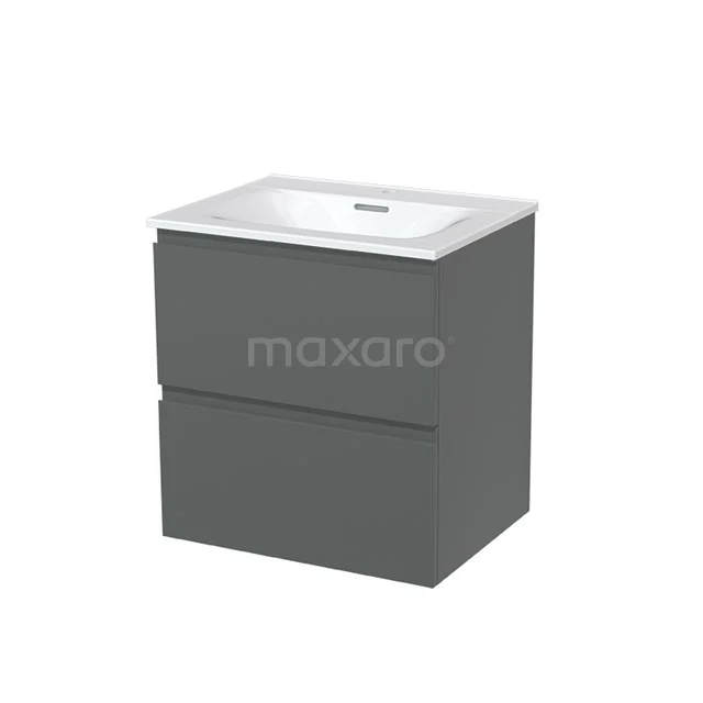 Grey bathroom furniture set with basin, modern design, two handleless drawers, ideal for stylish and practical bathrooms.