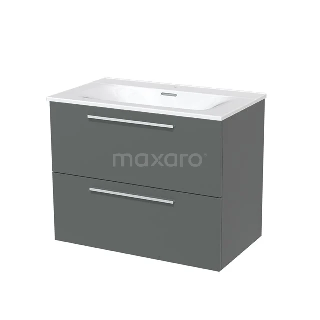 Graue Badmöbel mit Waschbecken, 2 Schubladen und einem modernen Design. Perfekt für ein stilvolles und organisiertes Badezimmer.