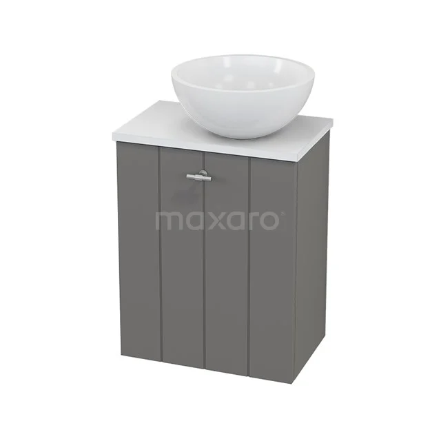 Grauer Badschrank mit weißem keramischen Aufsatzwaschbecken, moderne Ausführung und zwei Türen, ideal für stilvolle Badezimmerlagerung.