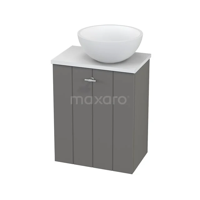 Bathroom cabinet in grey with white round basin made of ceramic, compact design with vertical panels and modern look.
