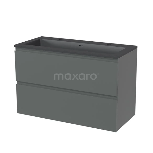 Modulo Bathroom furniture with sink | 100 cm Mid grey Handle-less front Quartz 2 Stacked drawers BMW17-01653 Grey vanity set with matte finish, two handleless drawers and integrated basin, ideal for modern bathroom style.