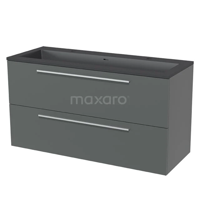 Dark grey bathroom cabinet with integrated basin, two drawers and sleek metal handles, modern design.
