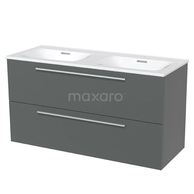 Modulo Bathroom furniture with sink | 120 cm Mid grey Flat front Ceramic 2 Stacked drawers BMW17-01679 Grey double bathroom unit with white vanity units with basin, clean lines and two drawers, ideal for modern bathroom spaces.