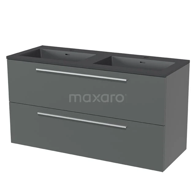 Grey double vanity unit with clean lines, matte finish and drawers, perfect for a modern bathroom.