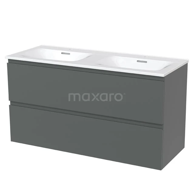 Modulo Bathroom furniture with sink | 120 cm Mid grey Handle-less front Ceramic 2 Stacked drawers BMW17-01703 Grey double vanity unit with modern straight lines, two sinks and soft-close drawers for a stylish bathroom.