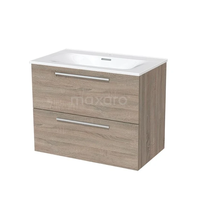 Holz-Waschtisch mit zwei Schubladen, weißem Keramik-Waschbecken, modernes Design, perfekt für ein stilvolles Badezimmer.