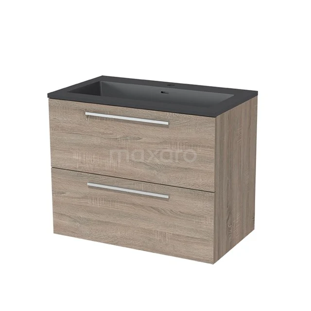 Wooden bathroom unit with two wide drawers, metal handles and matte black metal basin, ideal for modern bathrooms.