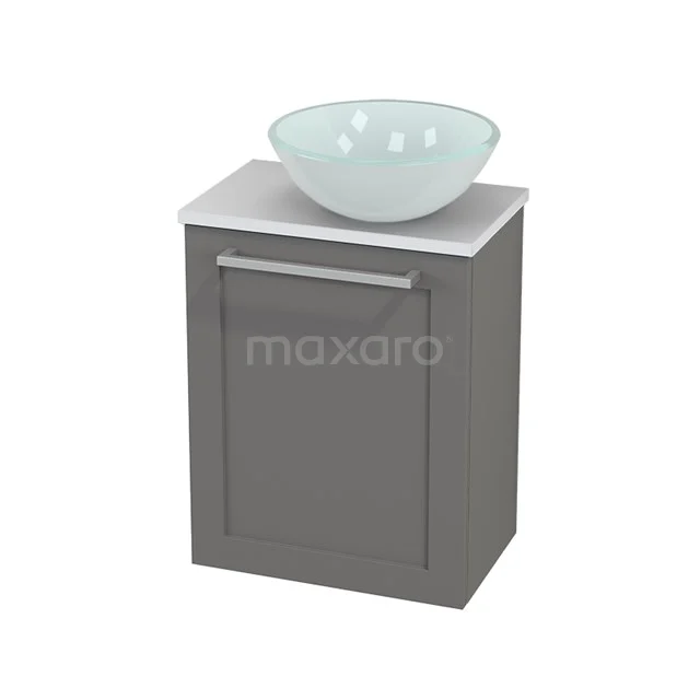 Grauer Badschrank mit weißer Oberseite und modernem rundem Waschbecken; kompaktes Design, ideal für kleine Bäder.