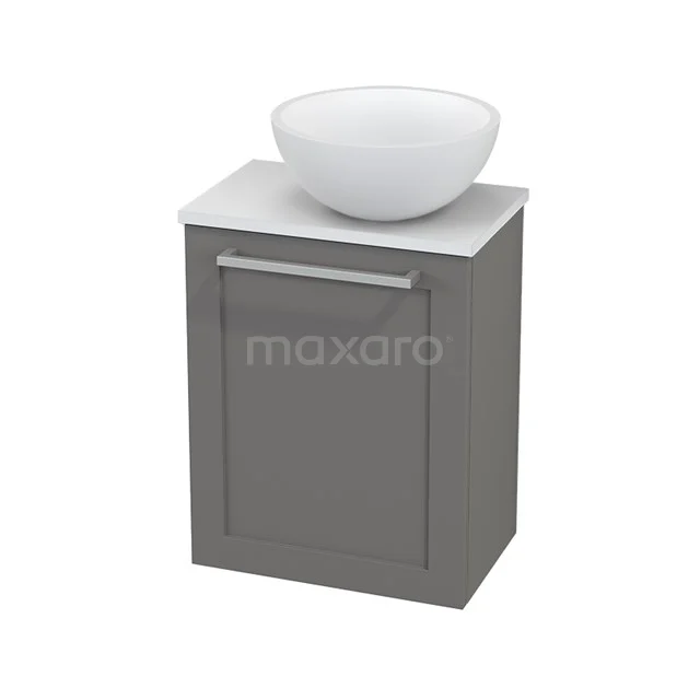 Grauer Badschrank mit weißer Waschbecken-Schale aus Keramik, schlankes Design, ideal für moderne Badezimmergestaltung.