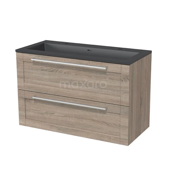 Wooden bathroom unit with two drawers and black basin, modern design, ideal for stylish bathroom design.
