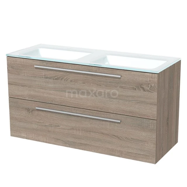 Wooden bathroom unit with double basin, modern design look, two spacious drawers and a glass top.