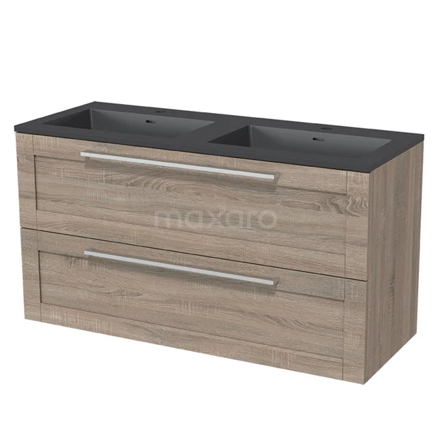 Modulo Bathroom furniture with sink | 120 cm Oak Frame front Quartz 2 Stacked drawers BMW17-01824 Wooden bathroom unit with double vanity units with basin in black and two drawers, modern design for stylish bathroom storage.