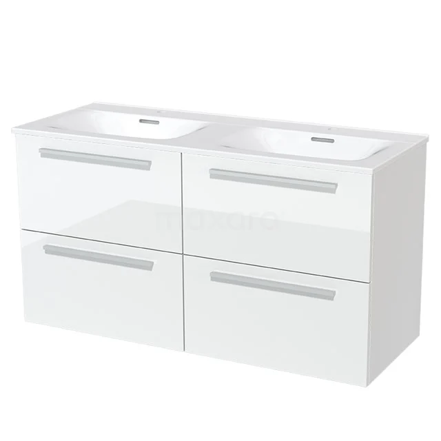 Modulo Bathroom furniture with sink | 120 cm High-gloss white Flat front Ceramic 4 drawers BMW18-00278 High-gloss white bathroom unit with double basin, four drawers and sleek design, perfect for modern bathrooms.