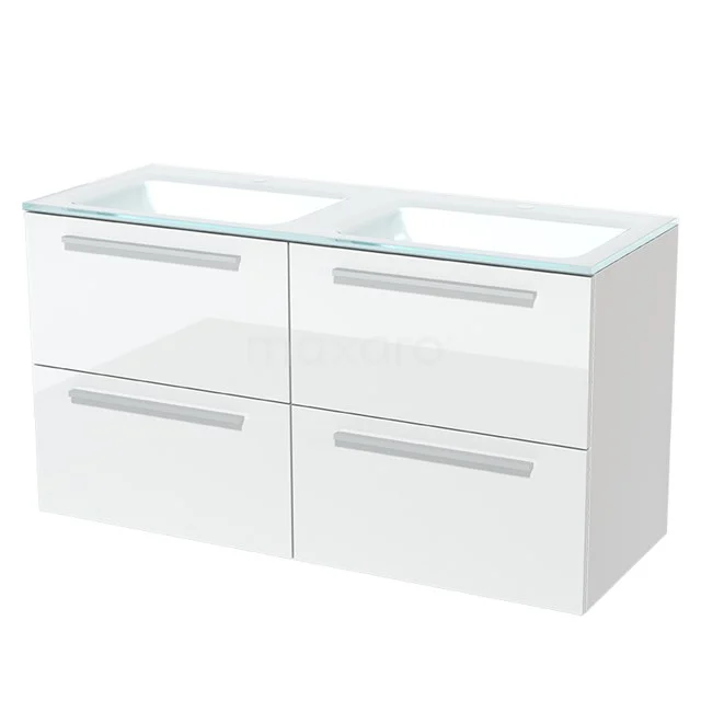 High-gloss white bathroom unit with double basin worktop, sleek modern design, four drawers, ideal for organised storage style.