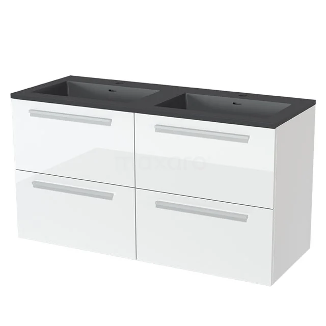 Doppelwaschbecken in Hochglanz Weiß mit schwarzem keramischen Waschbecken, modernes Badezimmerdesign mit viel Stauraum.