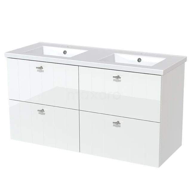 White double bathroom unit with glossy drawers and ceramic vanity units with basin, ideal for modern bathroom design.