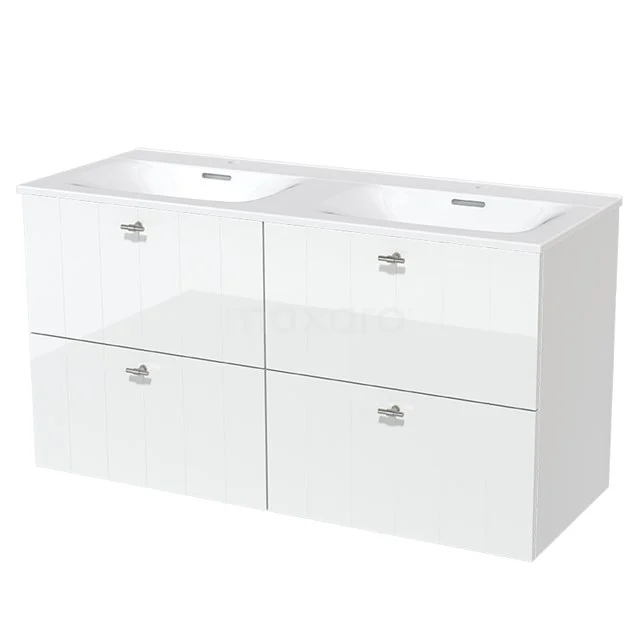 Weißes Doppel-Waschtischmöbel mit vier Schubladen, glänzender Oberfläche und minimalistischem Design, ideal für moderne Bäder.