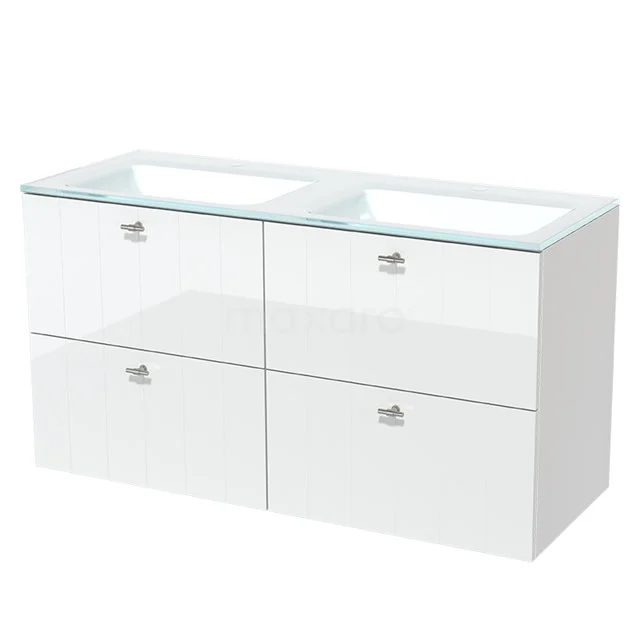 Modulo Vanity units with basin | 120 cm High-gloss white Slat front Glass 4 drawers BMW18-00292 White bathroom unit with double basin, glass worktop and four drawers, sleek and modern design, ideal for bathroom storage.