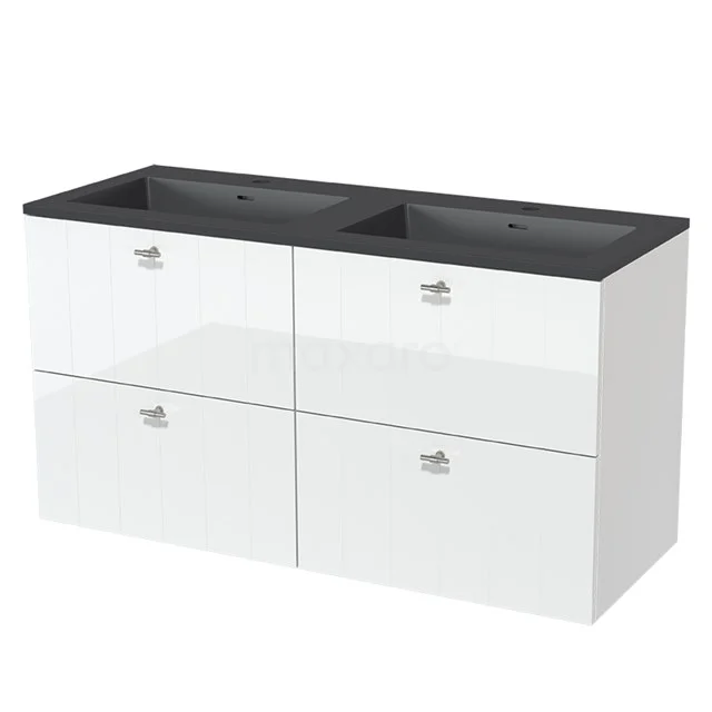 Modulo Waschtische | 120 cm Hochglanz Weiß Lamelle front Quarz 4 Schubladen BMW18-00297 Weißes Badezimmermöbel mit doppeltem schwarzen Waschbecken, vier Schubladen und glänzender Oberfläche für moderne Badezimmergestaltung.