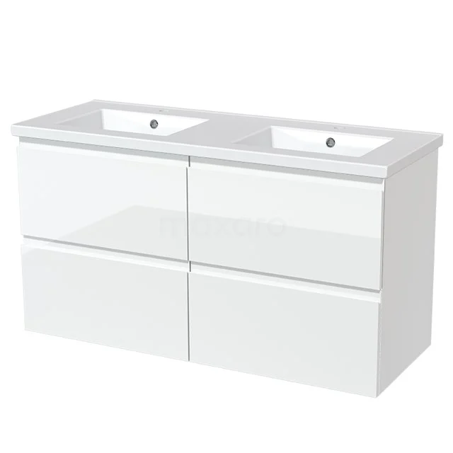 White double basin vanity unit with glossy finish, four drawers and ceramic sinks, ideal for modern bathrooms.