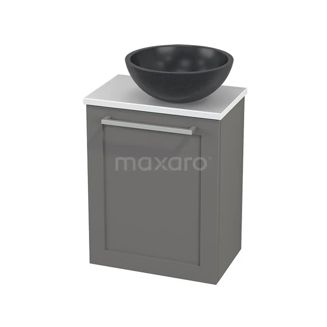 Grau Badmöbel mit weißem Waschbecken und schwarzem Aufsatzwaschbecken, modernes Design, ideal für stilvolle Badezimmergestaltung.