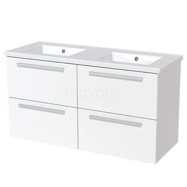 White bathroom unit with double sink, sleek drawers and modern design; perfect for an organised bathroom.