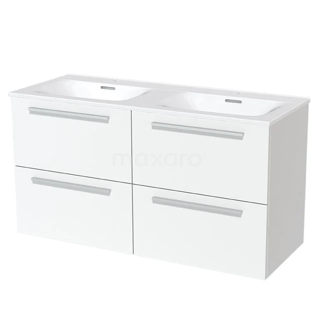 White double bathroom unit with four drawers and ceramic vanity units with basin, modern design, ideal for spacious bathrooms.