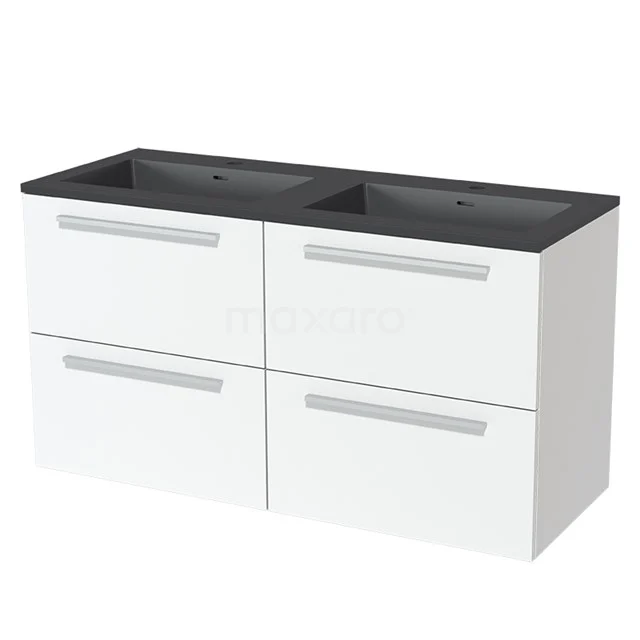 Modulo Waschtische | 120 cm Matt Weiß Flach front Quarz 4 Schubladen BMW18-00324 Weißes Doppel-Waschtischmöbel mit schwarzer Platte, vier Schubladen und modernem Design, ideal für eine stilvolle Badezimmergestaltung.