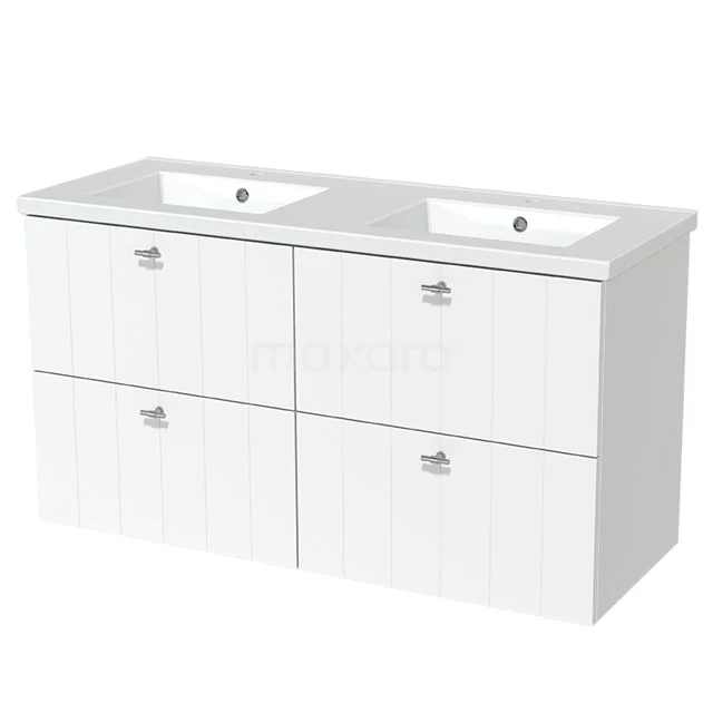 Double white bathroom furniture set with four drawers, glossy finish and integrated basin; modern and functional design.