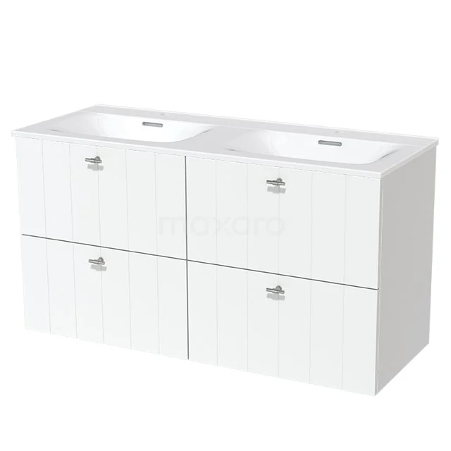 Modulo Bathroom furniture with sink | 120 cm Matte white Slat front Ceramic 4 drawers BMW18-00329 White double vanity unit with four drawers, modern design, ideal for stylish and practical bathroom storage.