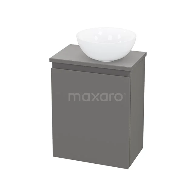 Graue Badmöbelset mit Aufsatzwaschbecken aus Keramik, kompaktes Design, perfekt für kleine Bäder.