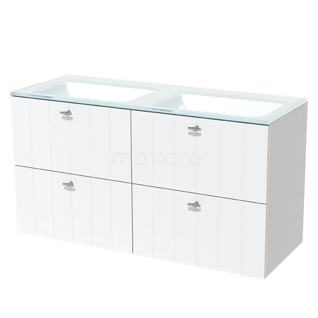 Modulo Waschtische | 120 cm Matt Weiß Lamelle front Glas 4 Schubladen BMW18-00331 Weiße doppelte Badmöbel mit Glas-Waschbecken, minimalistisches Design und vier Schubladen für Stauraum.