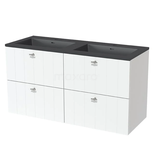 Weißes Badezimmermöbel mit doppeltem schwarzen Waschbecken, modernem quadratischem Design, vier Schubladen und Chromgriffen.