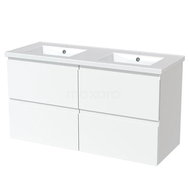 Doppelte weiße Badmöbelset mit vier Schubladen, keramischem Waschbecken und modernem Design für stilvolle Badezimmerlagerung.