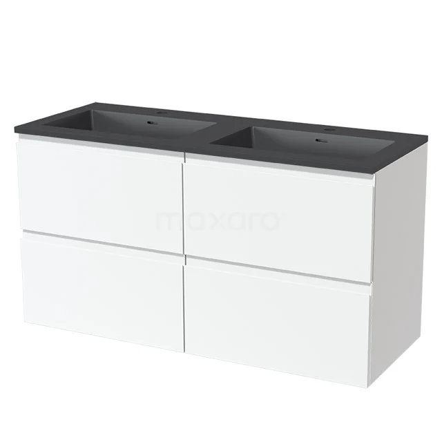 Weißes Badezimmermöbel mit doppeltem schwarzen Waschbecken, modernes Design und grifflose Schubladen, ideal für ein stilvolles Badezimmerinterieur.