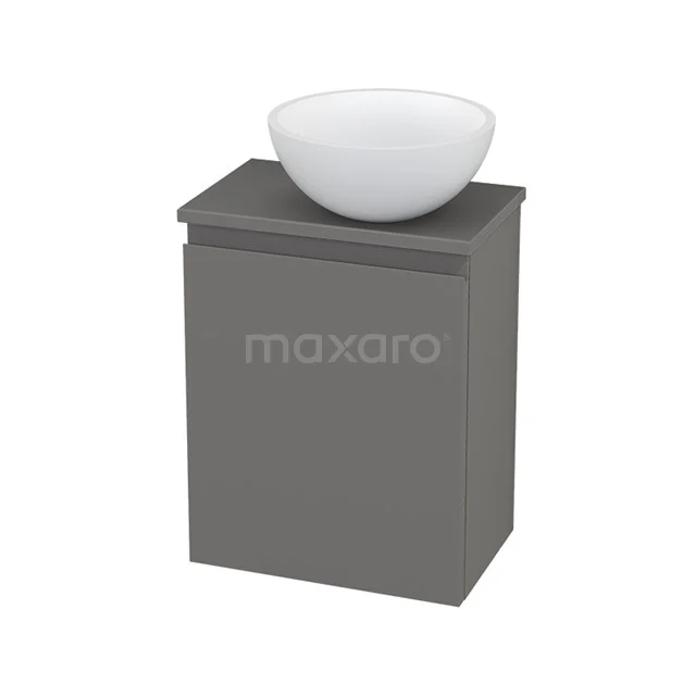 Grauer Badschrank mit weißem rundem Waschbecken, modernes Design, kompaktes Format, ideal für kleine Bäder.