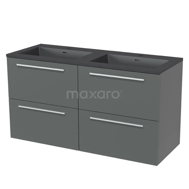 Grey double vanity unit with four drawers, sleek handles and matte finish, ideal for a modern bathroom.