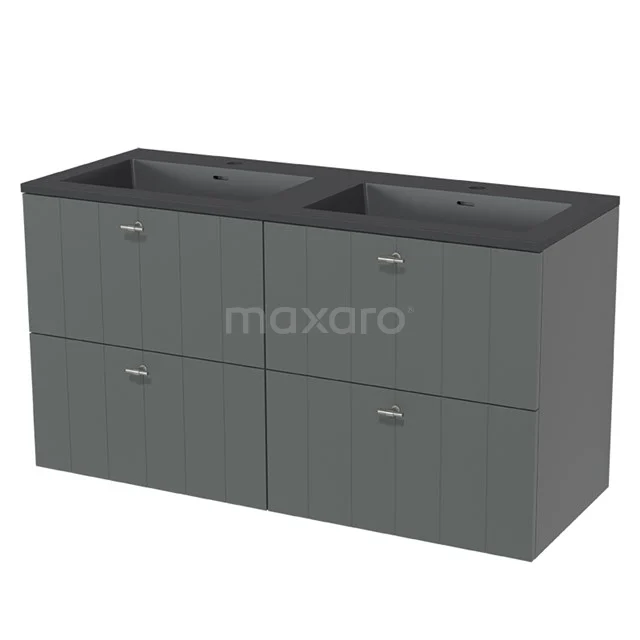 Grey bathroom furniture set with double basin, sleek design and four drawers, ideal for modern bathrooms.