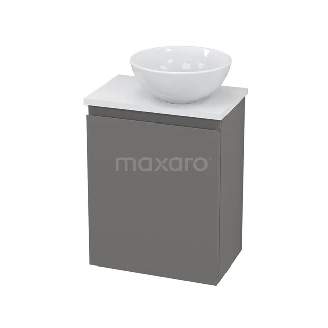 Grey bathroom unit with white ceramic countertop wash basin, compact design, perfect for modern small bathrooms.