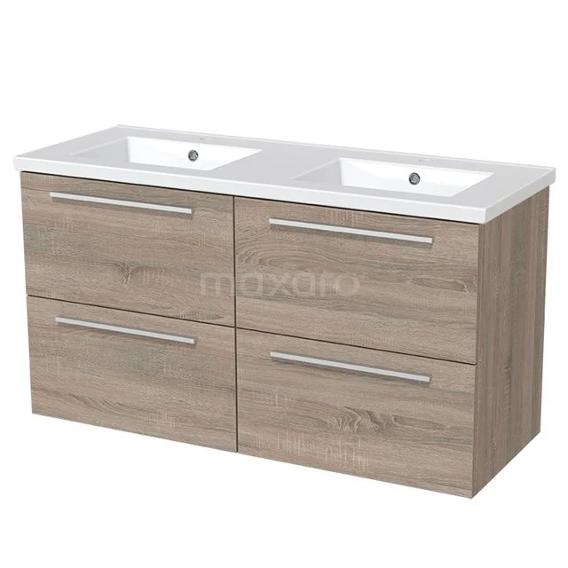 Hölzernes Badezimmermöbel mit Doppelwaschbecken, 4 Schubladen, modernen silbernen Haltegriffen, ideal für stilvollen Badezimmerraum.