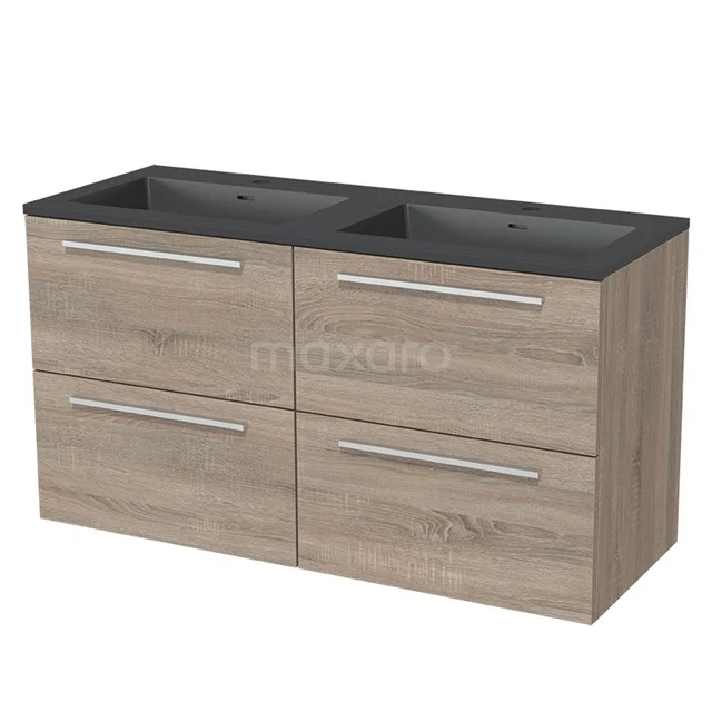 Badmöbel mit doppeltem schwarzen Waschbecken, hellem Holz, modernem Design und vier Schubladen für praktische Aufbewahrung.