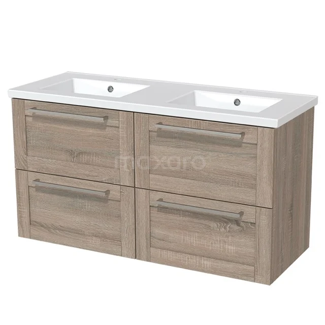 Wooden bathroom unit with double plastic basin, four drawers and modern handles, ideal for organised bathrooms.