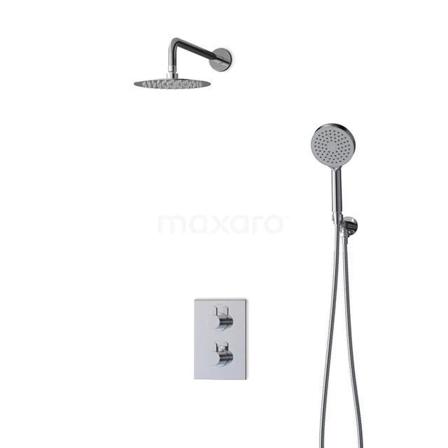 Chrome rain shower set with round head, handheld shower and concealed tap; ideal modern design for luxury bathrooms.