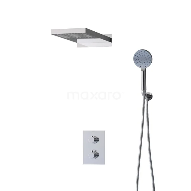 Cubic Rain shower Built-in | Chrome Rain shower Thermostatic DSG-0304-00014 Recessed rain shower set, square stainless steel design with handheld shower and thermostatic mixer, ideal for modern bathrooms.