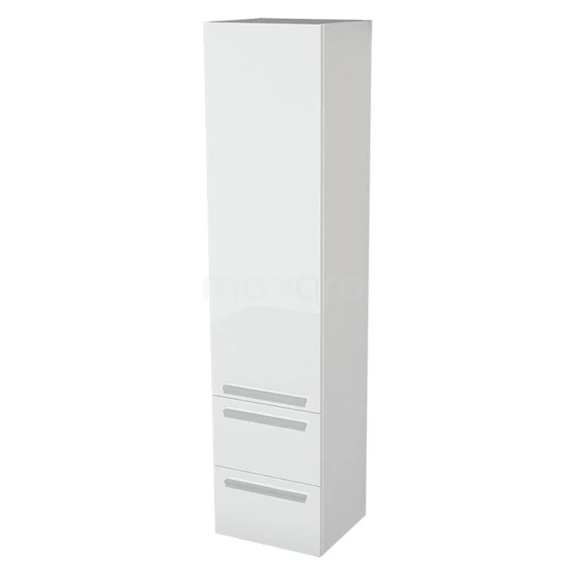 Lungo Bathroom cabinet | 170 cm High-gloss white Flat fronts 3 compartments + 2 drawers BKK10-00046 White high bathroom cabinet with glossy finish, featuring two drawers and a door, ideal for organised storage.